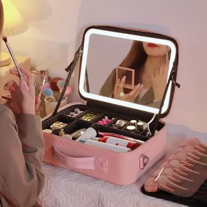 Neceser de maquillaje y aseo organizador de cosméticos con espejo LED para mujer