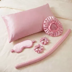 Set de 6 piezas con coletero, gorro de ducha, varita rizadora, funda de almohada de seda y antifaz para dormir