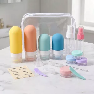 Set de 16 dispensadores y bolsa de viaje de silicona